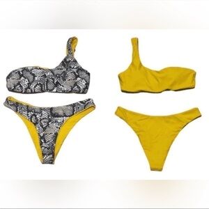 Zaful reversible one shoulder high rise bikini.
Snake print/ solid yellow. Small